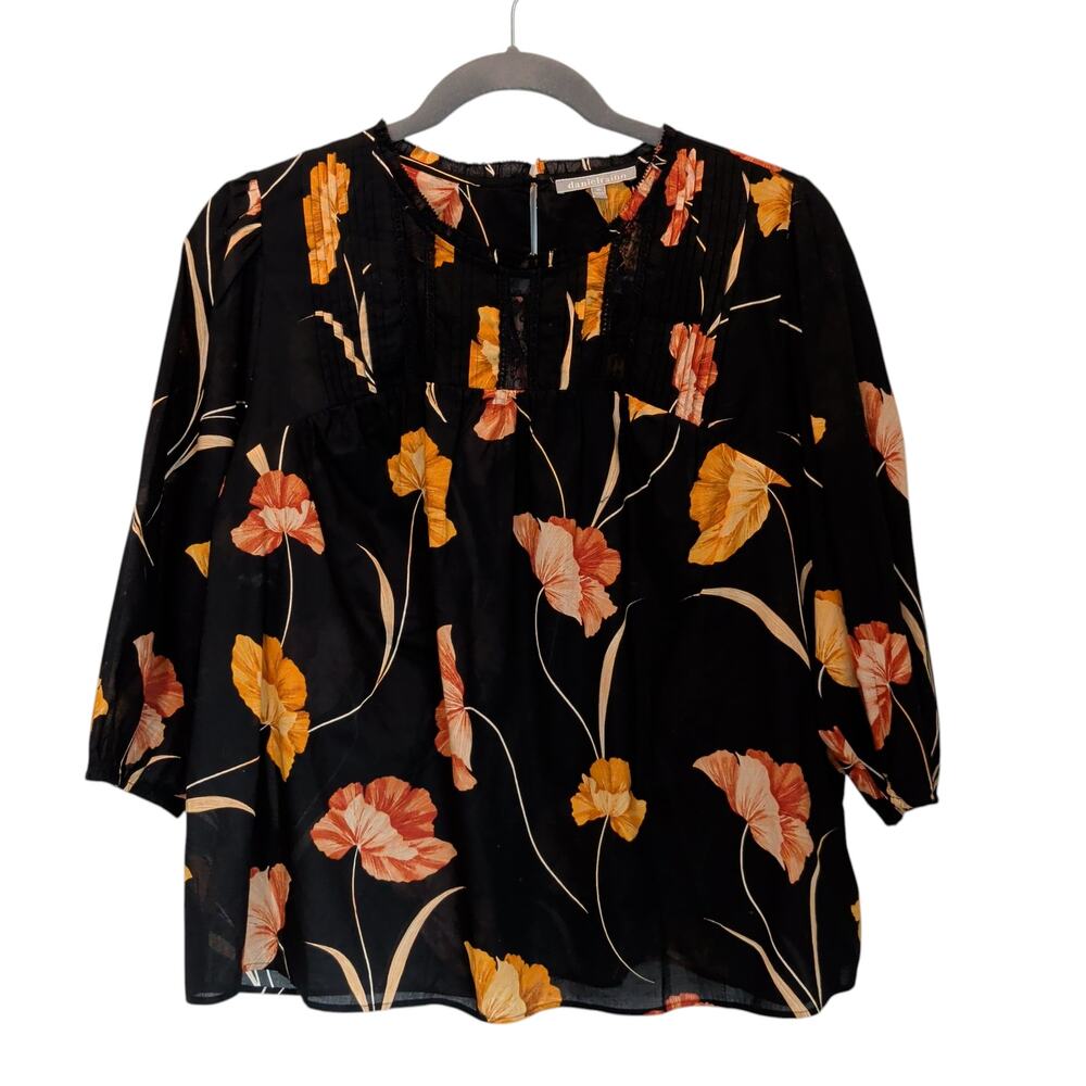 Daniel Rainn Plus Sz 3X Black Orange Floral Pleated Blouse Lace Trim Career